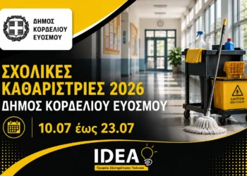 Δήμος Κορδελιού – Ευόσμου: Προσλήψεις σχολικών καθαριστριών για το σχολικό έτος 2026-2027